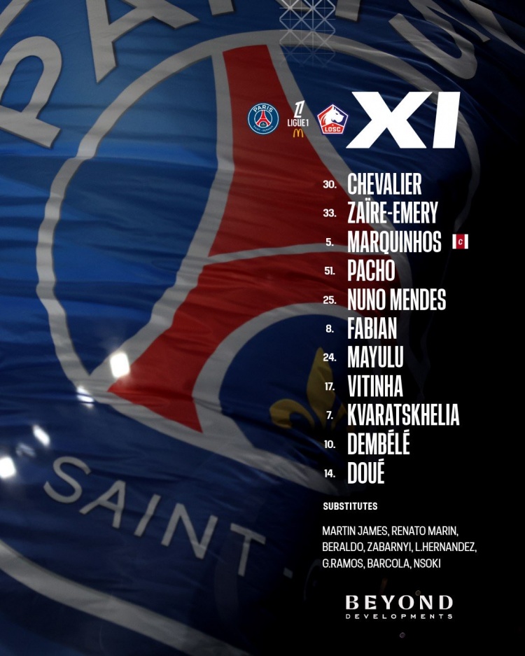 开云APP-巴黎VS里尔首发：登贝莱、维蒂尼亚领衔，杜埃、K77、门德斯出战